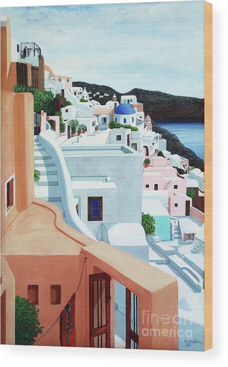 Santorini Wood Print featuring the painting Five Crosses On Santorini by Mary Grden