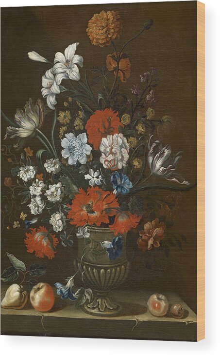 Floral Wood Print featuring the painting Floral Still Life With Red Carnations In A Silver Vase by MotionAge Designs