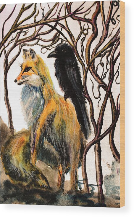 Beautiful Wood Print featuring the painting Fox and Raven by Medea Ioseliani