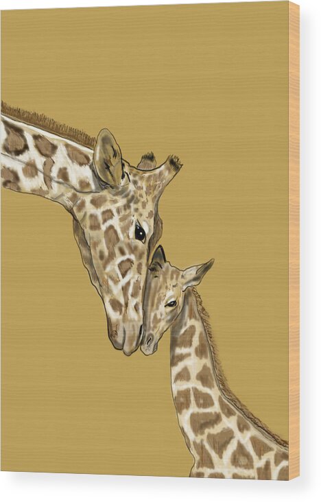 Nature Wood Print featuring the mixed media Giraffe Mom and Baby by Judy Cuddehe