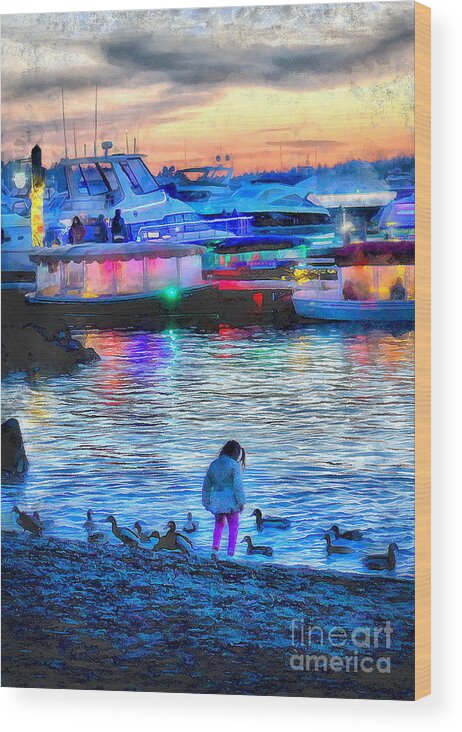 Girl Wood Print featuring the photograph Girl by the Lake with Holiday Lights by Sea Change Vibes
