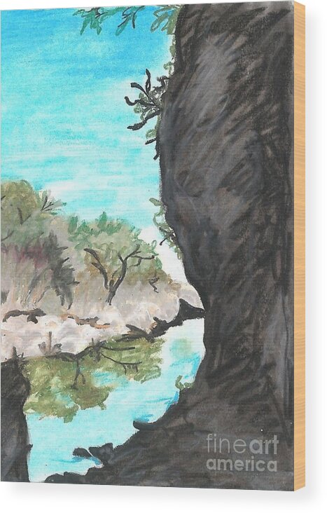 Blue And Black River Wood Print featuring the drawing Government Canyon Oil Pastel by Expressions By Stephanie