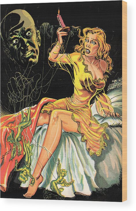 Pinup Wood Print featuring the digital art Pinup Girl and Green Face in the Dark by Long Shot