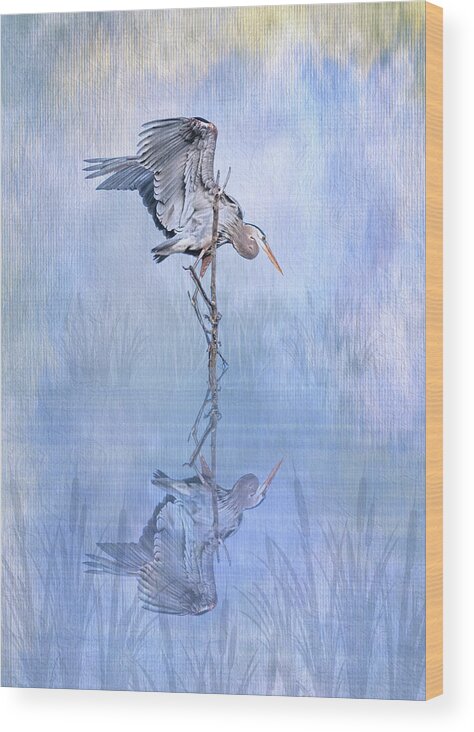 Great Blue Heron Wood Print featuring the photograph Great Blue Heron Texture Reflection - Vertical by Patti Deters