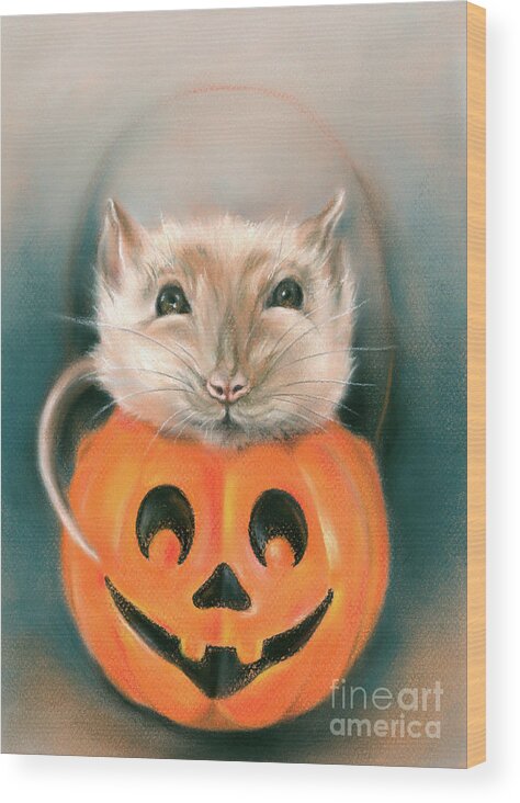 Animal Wood Print featuring the painting Halloween Rat in a Pumpkin Bucket by MM Anderson