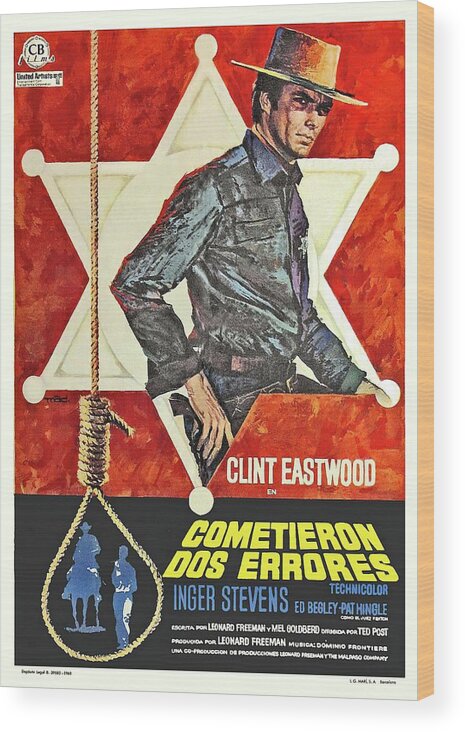 Quibus Wood Print featuring the mixed media ''Hang 'Em High'', 1968 - art by Macario Quibus by Movie World Posters