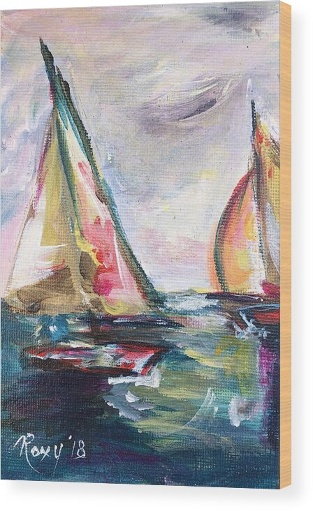Abstract Boats Wood Print featuring the painting Happy Sails by Roxy Rich