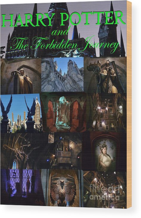 Hogwarts School Of Witchcraft And Wizardry Wood Print featuring the mixed media Harry Potter forbidden journey poster green text by David Lee Thompson