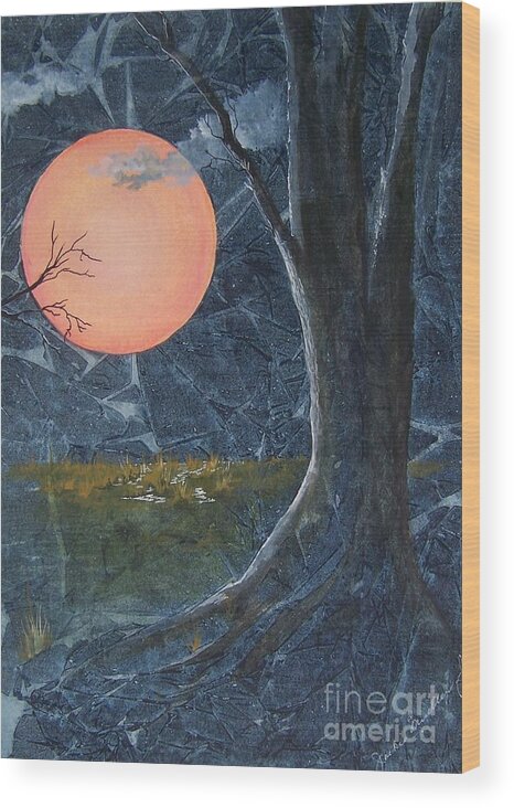 Moon Wood Print featuring the painting Harvest Moon - The Fields by Jackie Mueller-Jones