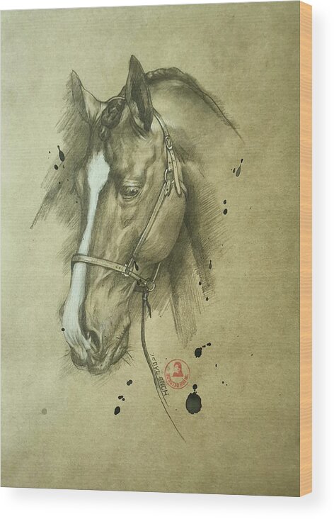 Drawing Wood Print featuring the drawing Horse #22531 by Hongtao Huang