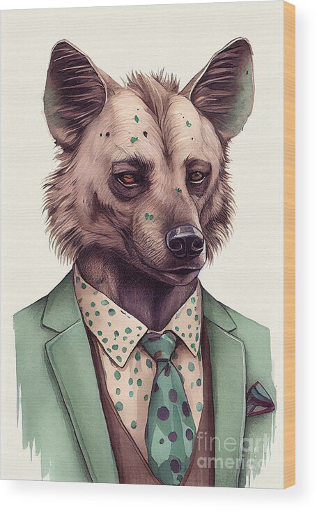 Hyena Wood Print featuring the painting Hyena in Suit Watercolor Hipster Animal Retro Costume by Jeff Creation
