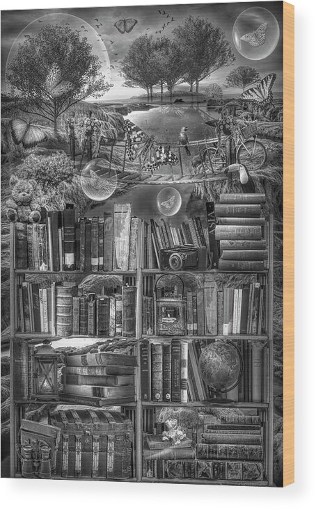 Birds Wood Print featuring the digital art Imagination through Reading Books in Black and White by Debra and Dave Vanderlaan