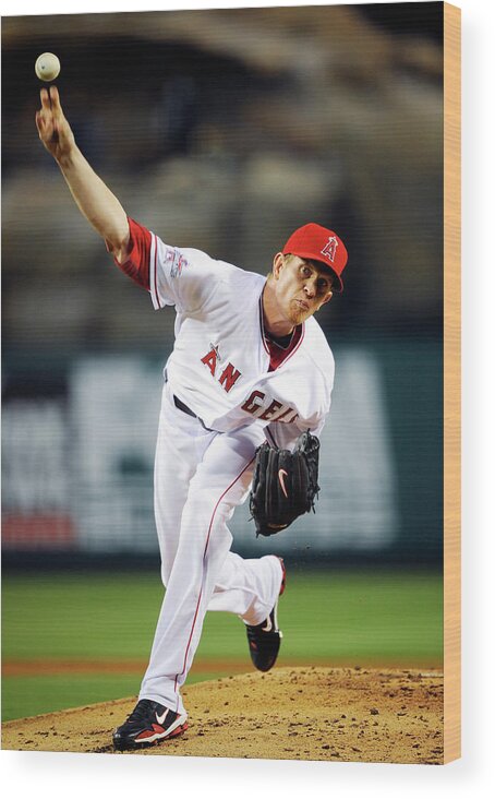 American League Baseball Wood Print featuring the photograph Jered Weaver by Kevork Djansezian