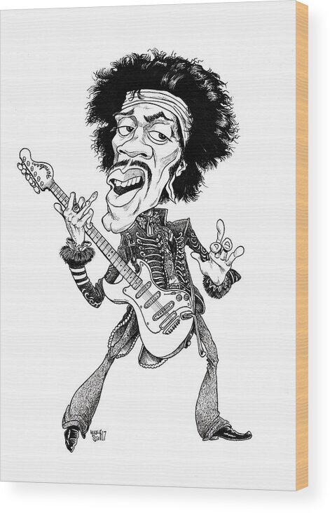 Caricature Wood Print featuring the drawing Jimi Hendrix by Mike Scott