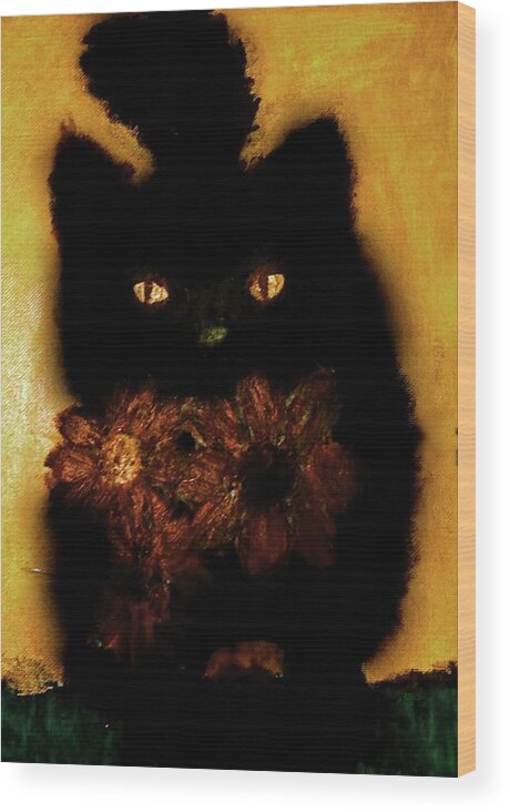 Kitten. Flowerd Wood Print featuring the painting KittenFlower by Anna Adams