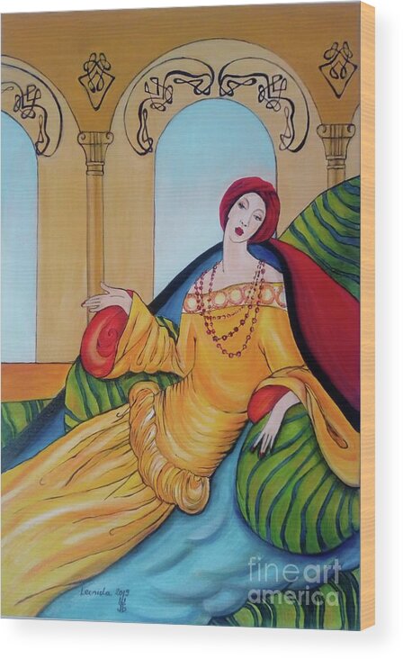 Lady Wood Print featuring the painting Lady in Pillows by Leonida Arte