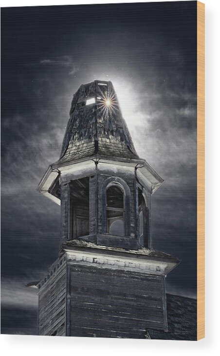 Hurricane Lake Wood Print featuring the photograph Let your Light Shine Through - Sunlight poking through Hurricane Lake church steeple by Peter Herman