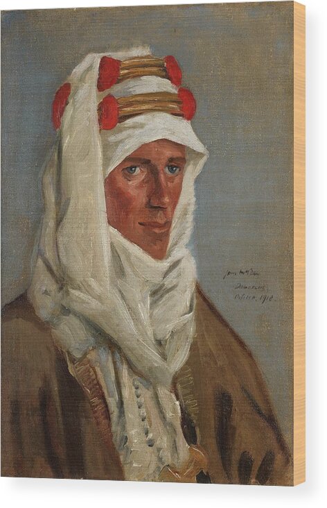 Antique Wood Print featuring the painting Lieutenant Colonel T E Lawrence, CB, DSO, 1918 A head and shoulders portrait of Lawrence in Arab hea by MotionAge Designs
