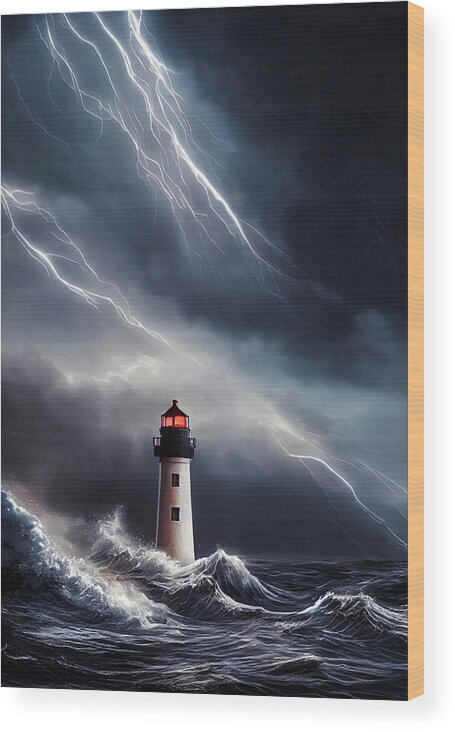 Lighthouse Wood Print featuring the digital art Lighthouse 08 Waves and Thunderstorm by Matthias Hauser