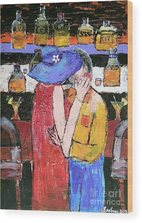  Wood Print featuring the painting Love in a Local Bar by Mark SanSouci