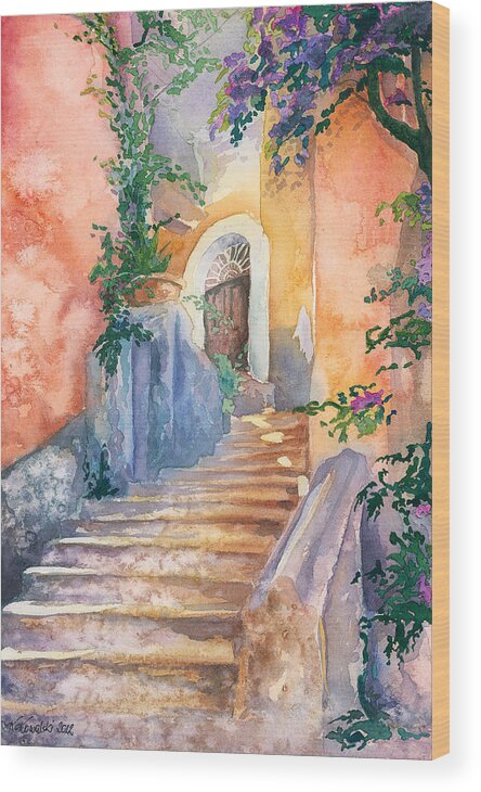 Watercolor Painting Wood Print featuring the painting Magical Stairs by Espero Art