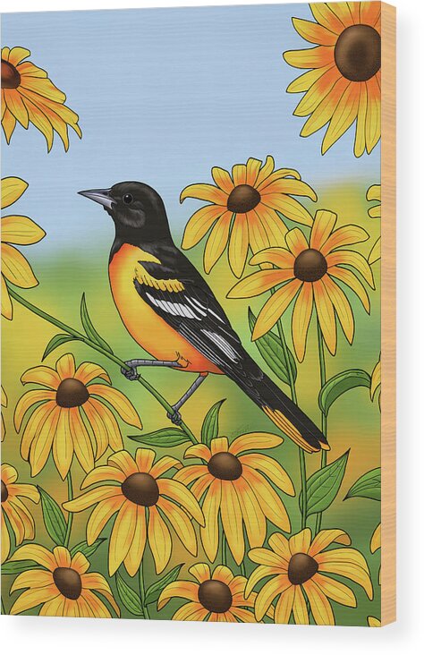 Bird Wood Print featuring the digital art Maryland State Bird Oriole and Daisy Flower by Crista Forest