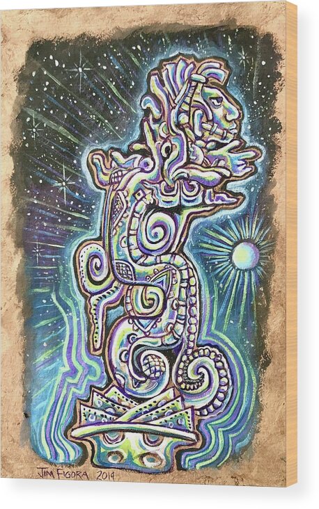 Mayan Wood Print featuring the painting Mayan Vision Serpent by Jim Figora
