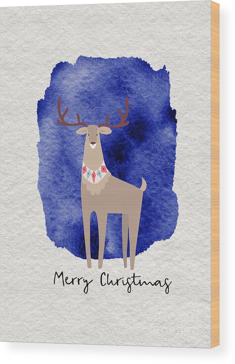 Merry Christmas Wood Print featuring the painting Merry Christmas Blue Watercolor Deer by Modern Art