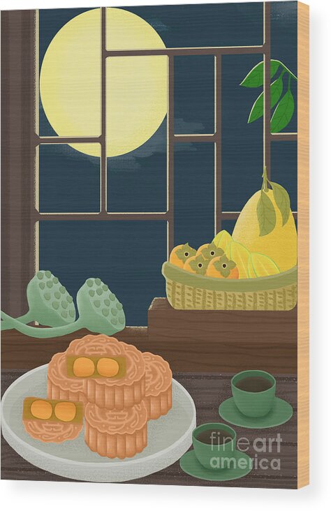 Moon Cakes Wood Print featuring the drawing Mid-Autumn Festival Moon Cake Illustration by Min Fen Zhu