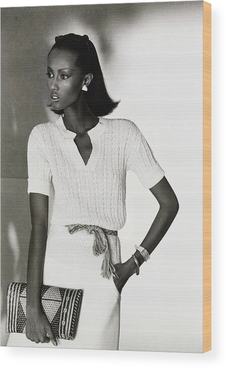 Accessories Wood Print featuring the drawing Model Iman In A Pierre Cardin Pullover and Skirt by Kourken Pakchanian