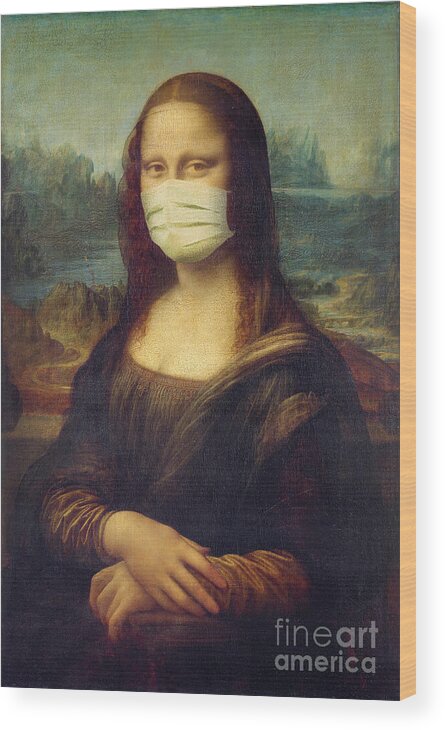 Mona Lisa Wood Print featuring the painting Mona Lisa wearing a mask by Delphimages Photo Creations