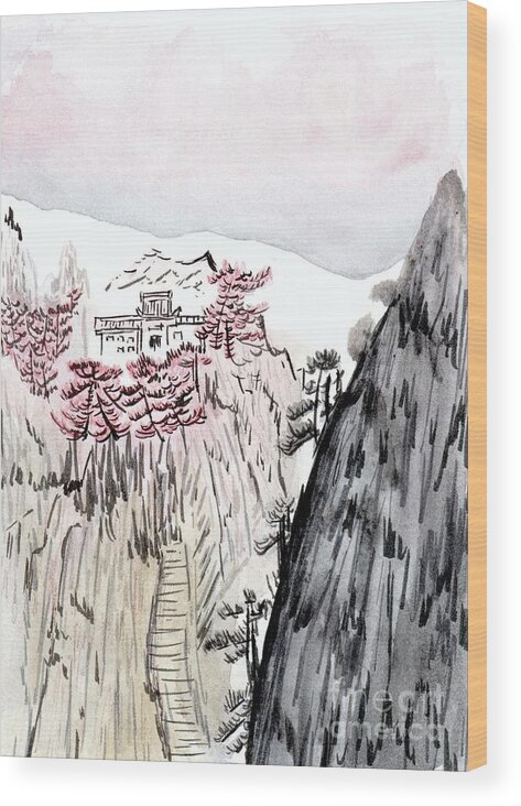 Asian Art Wood Print featuring the painting Mountain Asian House Watercolor by Donna Mibus
