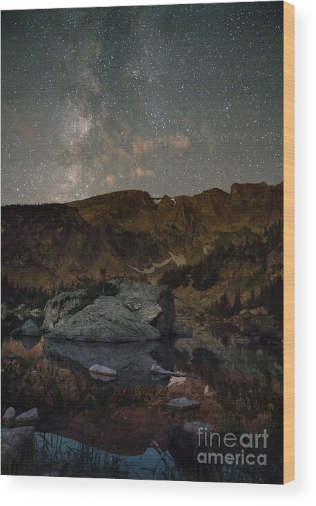 Indian Peaks Wilderness Wood Print featuring the photograph Night sky over Forest Lake, Colorado by Keith Kapple
