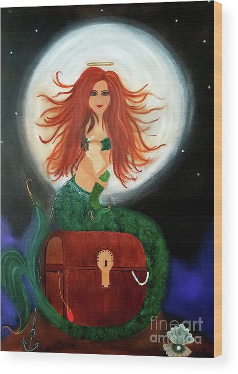 Mermaid Wood Print featuring the painting No Greater Treasure by Artist Linda Marie