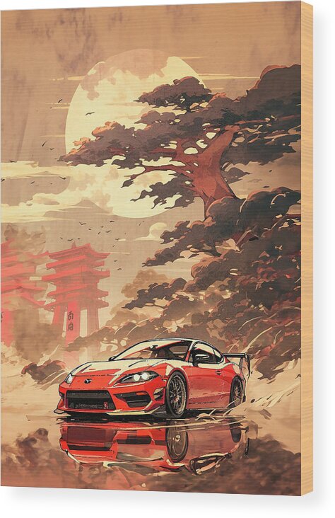 Mitsubishi Wood Print featuring the drawing No00040 My Mitsubishi Eclipse car ukiyo-e japanese style by Clark Leffler