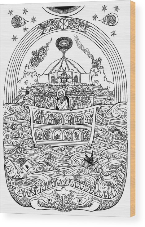 Black And White Wood Print featuring the drawing Noah and the Cosmic Flood by Jonathan Pageau