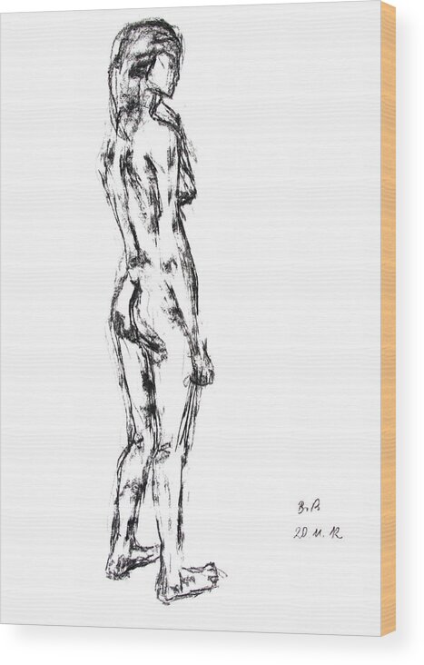 Barbara Pommerenke Wood Print featuring the drawing Nude 20-11-12-1 by Barbara Pommerenke