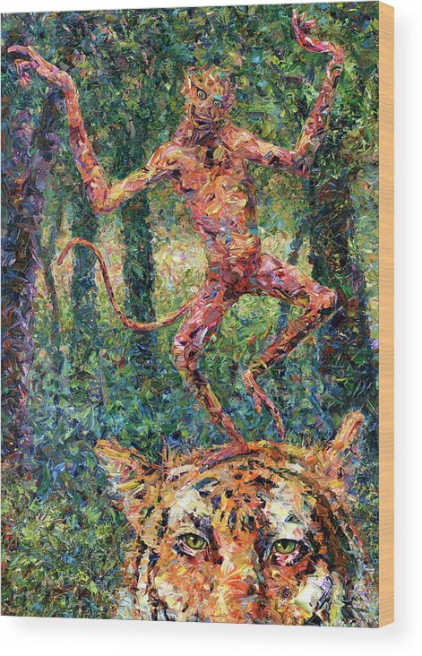 Monkey Wood Print featuring the painting Only a Crazy Monkey dances on a Tiger's Head by James W Johnson
