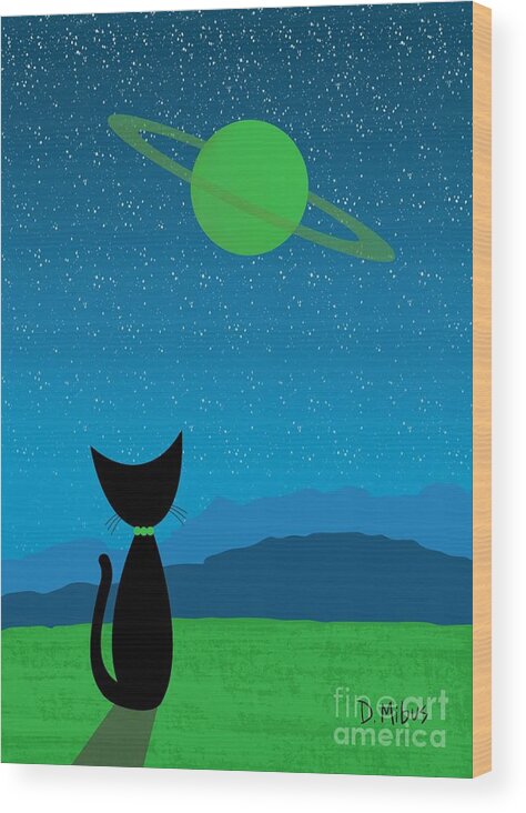  Wood Print featuring the digital art Outer Space Cat Admires Ringed Planet 3 by Donna Mibus