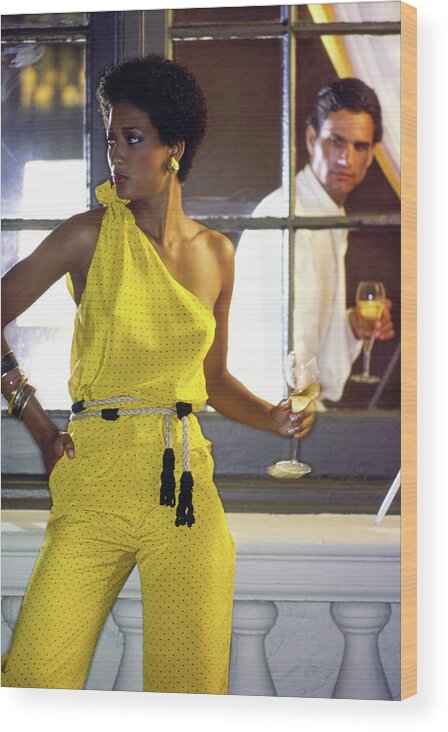 Fashion Wood Print featuring the photograph Peggy Dillard Modeling a Yellow Silk Ensemble by Guy Le Baube