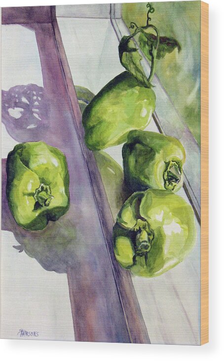 Parsons Wood Print featuring the painting Peppers On the Windowsill by Sheila Parsons