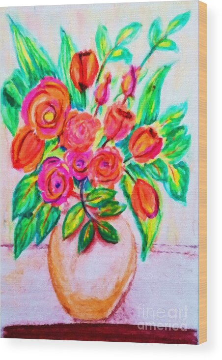 Pink Wood Print featuring the digital art Pink and Orange Floral Bouquet Pastel Chalk Digitally Altered by Delynn Addams