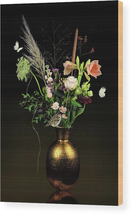 Pink Wood Print featuring the digital art Pink flowers in gold vase by Marjolein Van Middelkoop