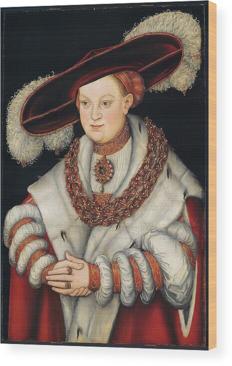 The Elder Lucas Cranach Wood Print featuring the painting Portrait of Magdalena of Saxony, Wife of Elector Joachim II of Brandenburg. Lucas Cranach the Eld... by The Elder Lucas Cranach