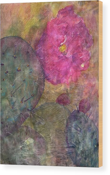 Cactus Wood Print featuring the painting Prickly Pear Bloom by Cheryl Prather