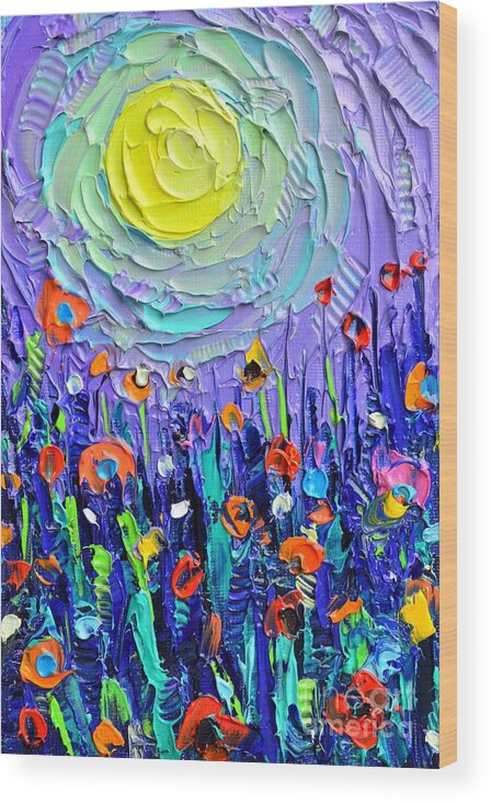 Wildflowers Wood Print featuring the painting PURPLE NIGHT MEADOW BY MOON abstract wildflowers palette knife oil painting Ana Maria Edulescu by Ana Maria Edulescu
