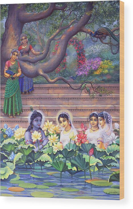 Krishna Wood Print featuring the painting Radha and Krishna water pastime by Vrindavan Das
