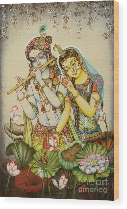 Krishna Wood Print featuring the painting Radha Krishna with lotus by Vrindavan Das
