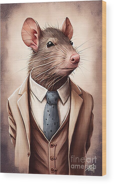 Rat Wood Print featuring the painting Rat in Suit Watercolor Hipster Animal Retro Costume by Jeff Creation