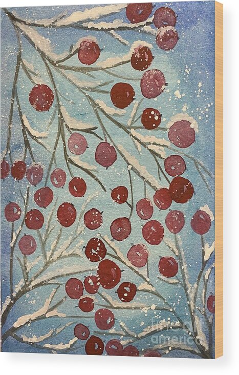 Red Berries Wood Print featuring the painting Red Berries in Snow by Lisa Neuman